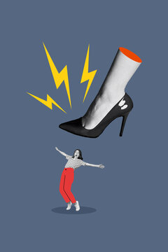 Composite collage picture image of amazed scared little female big woman leg shoe stepping crush bossy domination offend