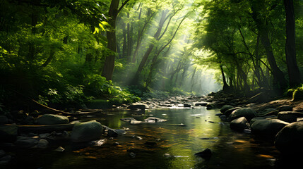 Serene forest landscape with lush green trees and flowing river waters illuminated by beautiful rays of sunlight in the dark