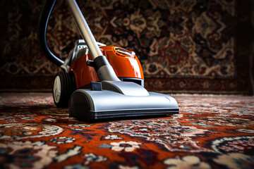  vacuum cleaner maneuvers across a patterned rug - obrazy, fototapety, plakaty