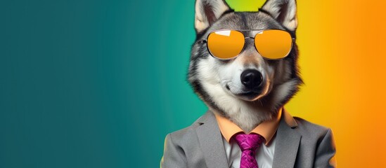 Animal wolf portraits, Cool business animal in sunglasses and suit. With copy text space, wide screen. Simple background, Generative AI