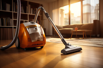 A modern vacuum cleaner navigates its way through a well-furnished living room - obrazy, fototapety, plakaty