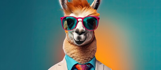 Animal llama portraits, Cool business animal in sunglasses and suit. With copy text space, wide screen. Simple background, Generative AI