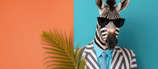 Fototapeta na wymiar Animal zebra portraits, Cool business animal in sunglasses and suit. With copy text space, wide screen. Simple background, Generative AI