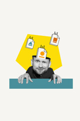Vertical composite creative illustration photo collage of funny man typing downloading files in his...