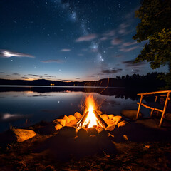 Late night fire place camping shot of a beautiful landscape at night with night sky full of stars and burning fire