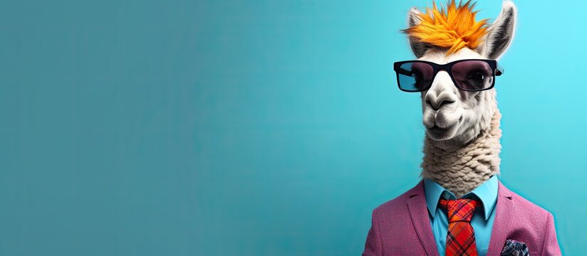 Animal llama portraits, Cool business animal in sunglasses and suit. With copy text space, wide screen. Simple background, Generative AI