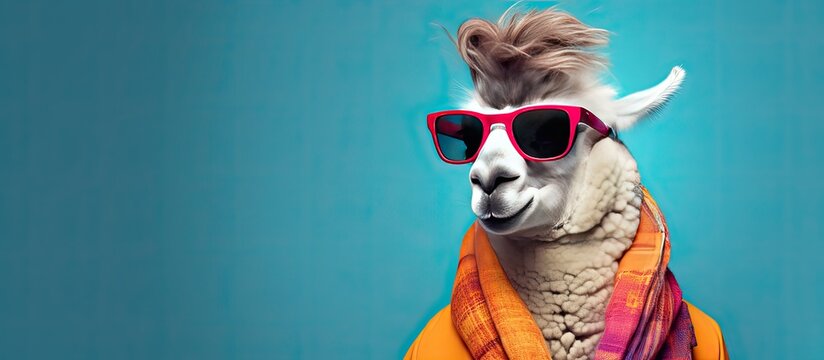 Animal llama portraits, Cool business animal in sunglasses and suit. With copy text space, wide screen. Simple background, Generative AI