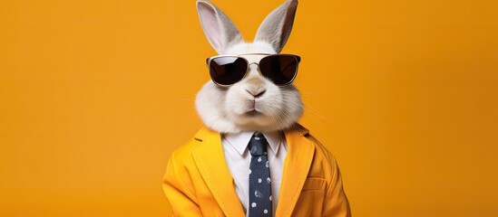 Animal bunny portraits, Cool business animal in sunglasses and suit. With copy text space, wide screen. Simple background, Generative AI
