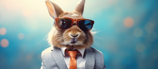 Animal bunny portraits, Cool business animal in sunglasses and suit. With copy text space, wide screen. Simple background, Generative AI