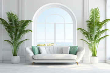 The interior of a white room contains a sofa, a window, and a vibrant green palm tree. ai generative