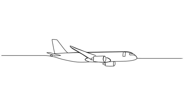animated continuous single line drawing of passenger airplane, air travel line art animation
