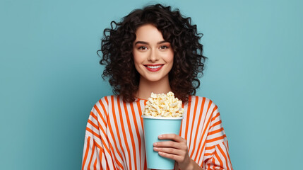attractive young woman hold popcorn bucket eating wear trendy striped clothes. ai generative - obrazy, fototapety, plakaty