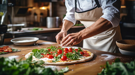 Male chef makes pizza in a restaurant. ai generative
