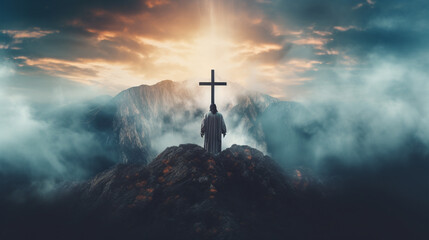 jesus  on mountain top and cross. ai generative