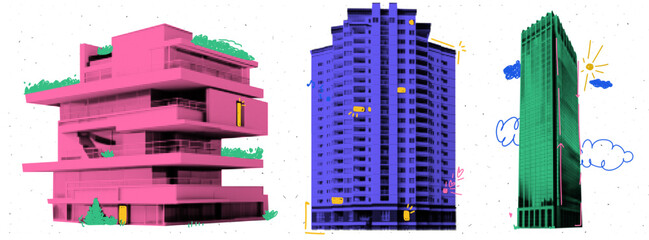 Kit with collage elements of houses in halftone style. Skyscrapers cut out from magazine with colorful doodles on white textured background. Vector trendy illustration.
