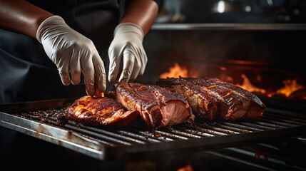 Grill restaurant kitchen. close up A chef in black cooking gloves uses a knife to cut smoked pork ribs. ai generative