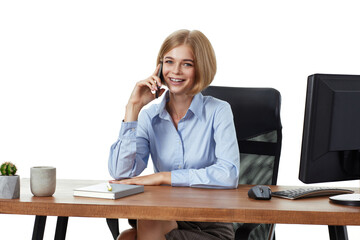 businesswoman working with PC computer and having phone conversation