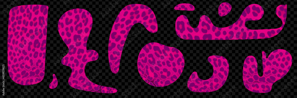 Poster set of leopard organic shapes for collage. y2k style cut out of magazine papers. acid pink modern ve