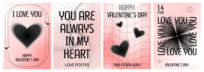  Happy Valentine's Day templates of greeting cards or posters in y2k style. Trendy minimalist aesthetic with gradients, typography, abstract forms. Vector illustrations in a pink and black palette