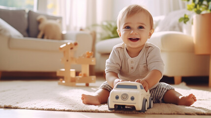 Cute toddler boy playing with white toy car. Small child having fun with toys. Kid spending time in a cozy living room at home. ai generative