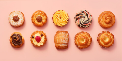 different types of pastries, on a pastel background. ai generative