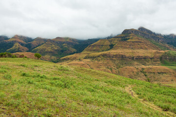 A cold and wet day over the beautiful Drakensberg mountains, near Cathedral Peak in KwaZulu-Natal, South Africa