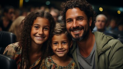 Fototapeta premium Cheerful multiracial family watching movie in cinema theater. Father and two his daughters spending weekend together. Happy smiling daddy and kids enjoying communication and shared leisure time.