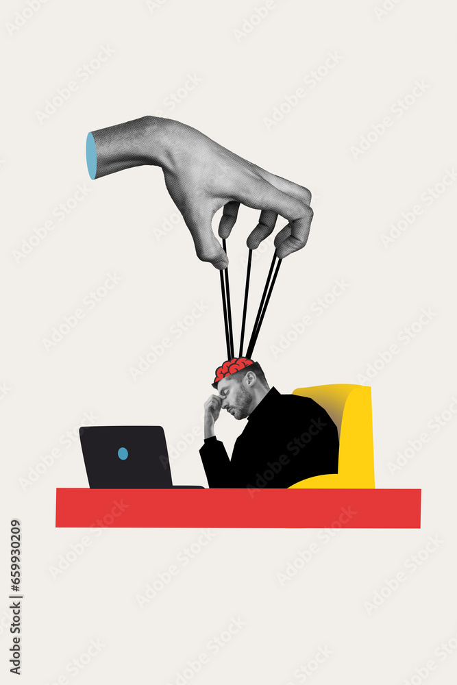 Aufkleber photo vertical collage of young overworked businessman stressing brainstorming manipulation netbook 