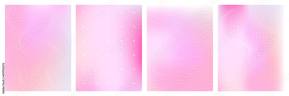 Poster set of geometry wireframe grid on pink gradient background. 3d abstract posters, patterns, cyberpunk
