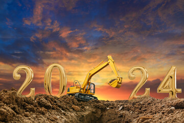 Concept Happy new year 2024,crawler excavator with lift up bucket  is in construction site .on...