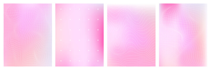 Set of geometry wireframe grid on pink gradient background. 3D abstract posters, patterns, cyberpunk elements in trendy psychedelic rave style. 00s Y2k retro futuristic aesthetic.