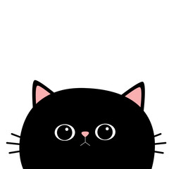 Black cat round head face silhouette. Cute cartoon funny character. Kawaii kitten animal. Baby card. Pet collection. Flat design. Sticker print. White background.