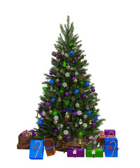 A 3d rendered illustration of a Christmas tree filled with modern blue and purple shiny balls 