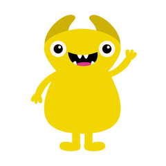 Cute monster. Happy Halloween. Smiling face head with horns. Yellow silhouette monsters. Cartoon kawaii funny boo character. T-shirt design. Childish baby collection. White background. Flat design.