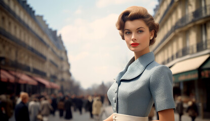 Model showcases classic 1950s fashion on a bustling Parisian street during springtime with vibrant colors and timeless elegance