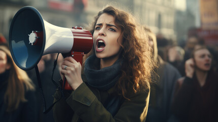 A young woman chants her demands into a megaphone during a demonstration. Close-up portrait of a radical young woman. In the background is a crowd of demonstrators with placards. ai generative - obrazy, fototapety, plakaty