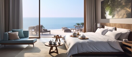 Coffee and pastries enjoyed in modern bedroom with ocean view