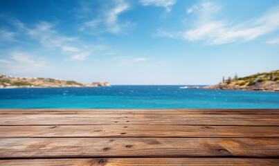 Fototapeta premium Wooden table for product presentation on the blur nature sea background.