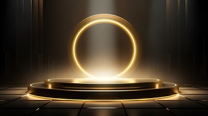 a podium in the shape of a golden circle, illuminated with dazzling light effects