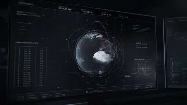 Futuristic Satellite Streaming System In High Tech Network Software. Futuristic Orbit Satellite Tracking Technology Scanning Military Uk Locations Online. Futuristic Satellite Search On A Global Map.