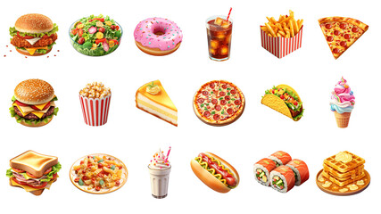 3d Fastfood cartoon style icon set, Fast food icon collection