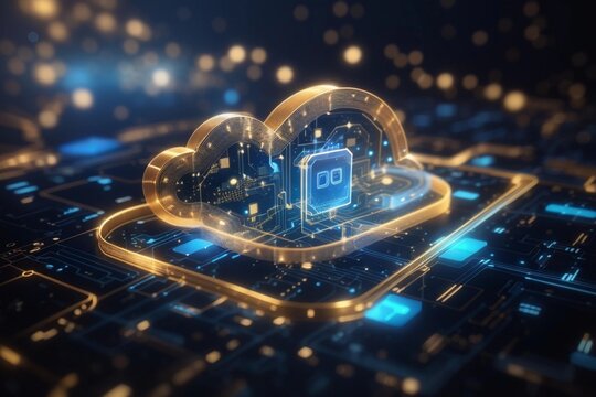 Digital informational technology web futuristic hologram with cloud icon, blue golden light digits and code background, cloud computing. Abstract Motion of digital data flow