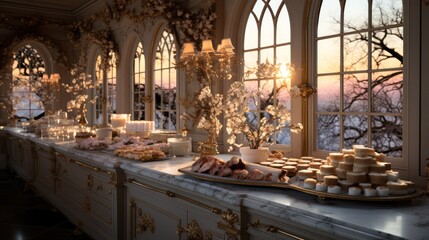 Dessert tables for a party, banquet, reception or wedding. Cakes, muffins, cookies, pies, biscuits, pastries, pies on a tray. exquisite decoration and design