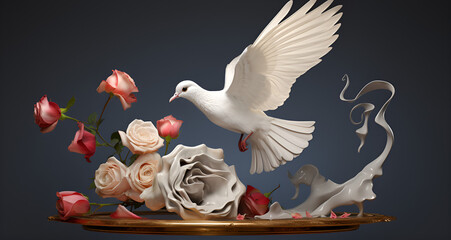 white dove or white pigeon carrying olive leaf branch on pastel background and clipping path and international day of peace
