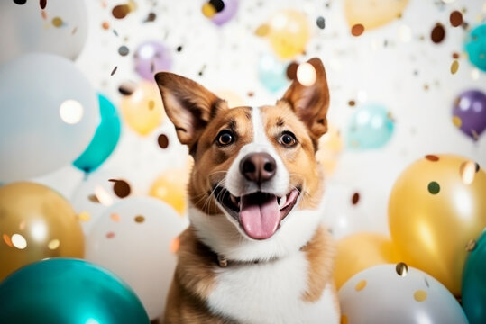 Merry holiday with a dog on a background with balloons and confetti.