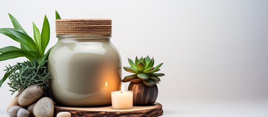 Close up of a table with a green succulent candles a home inscribed lamp a black iron star and a jar with a wooden lid White background