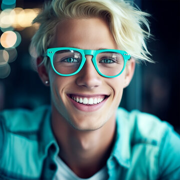 portrait of a cute smiling blond guy in glasses with tousled hair in a blue shirt