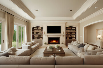 Fototapeta premium Beautiful Living Room Interior in New Luxury Home with Fireplace, Sofa, Chairs and Television