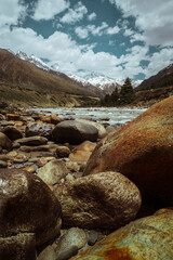 Rocks and river in the mountains of Chitkul, Himachal Pradesh