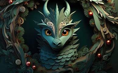 Quilling style dragon, strong and mighty, powerful symbol of New Year, magical aesthetics.